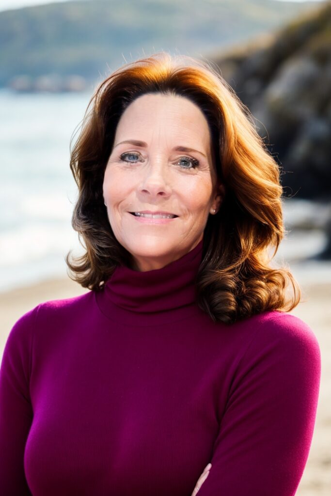 Melissa Wood, a death doula and end of life doula, smiles peacefully at the camera, wearing a purple turtleneck. She assists patients and families who are facing the end of life.